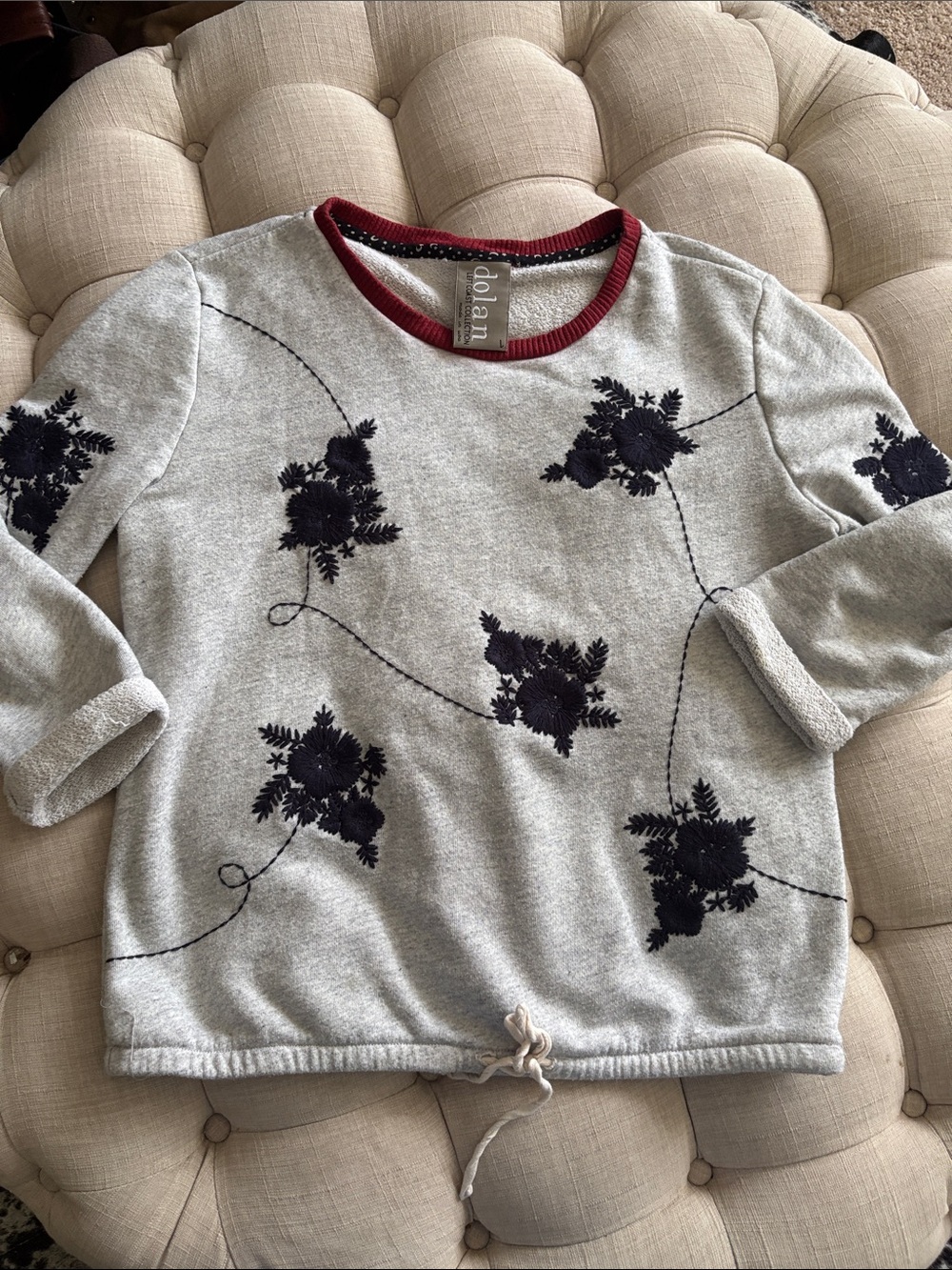Anthropologie Dolan Gray Sweatshirt with Navy Floral Embroidery and Red Trim